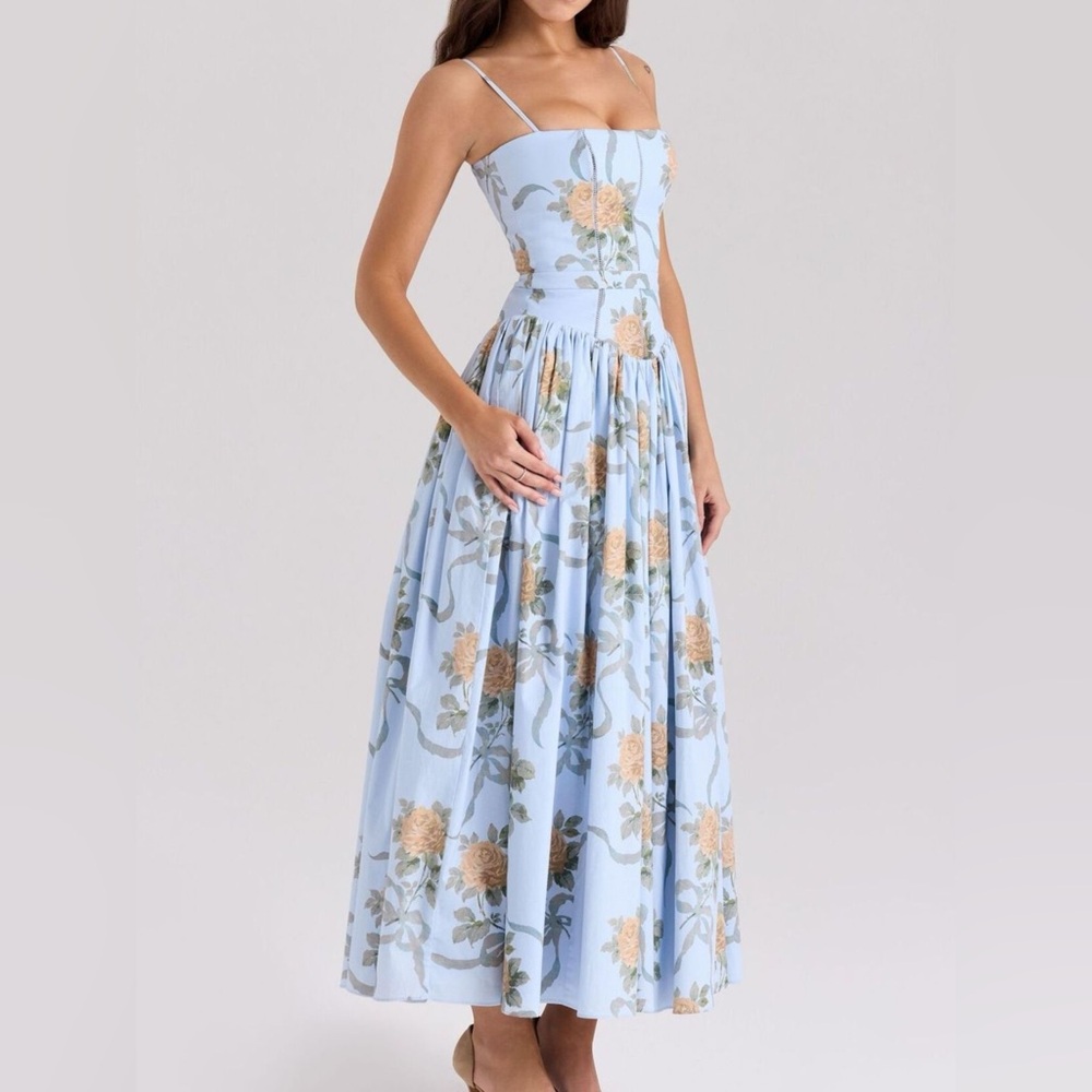NWT Romantic Floral Midi Dress with Bustier Top & Ruffle Hem Size S-L summer - Picture 1 of 12